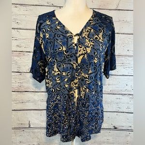 CAROLE LITTLE Button Down Short Sleeve Shirt Blue Print-Medium